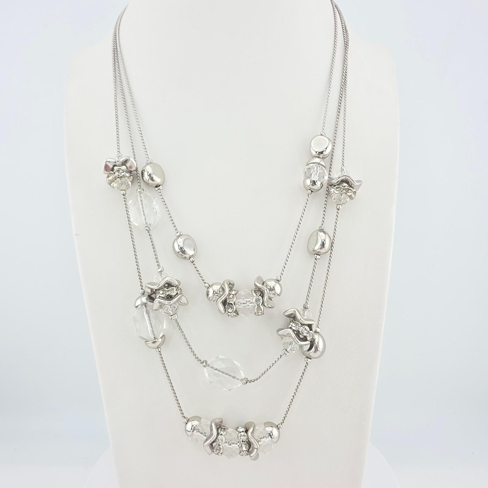 Vintage CHICOS Layered Station Necklace Clear Lucite Beads Silver Tone 20"